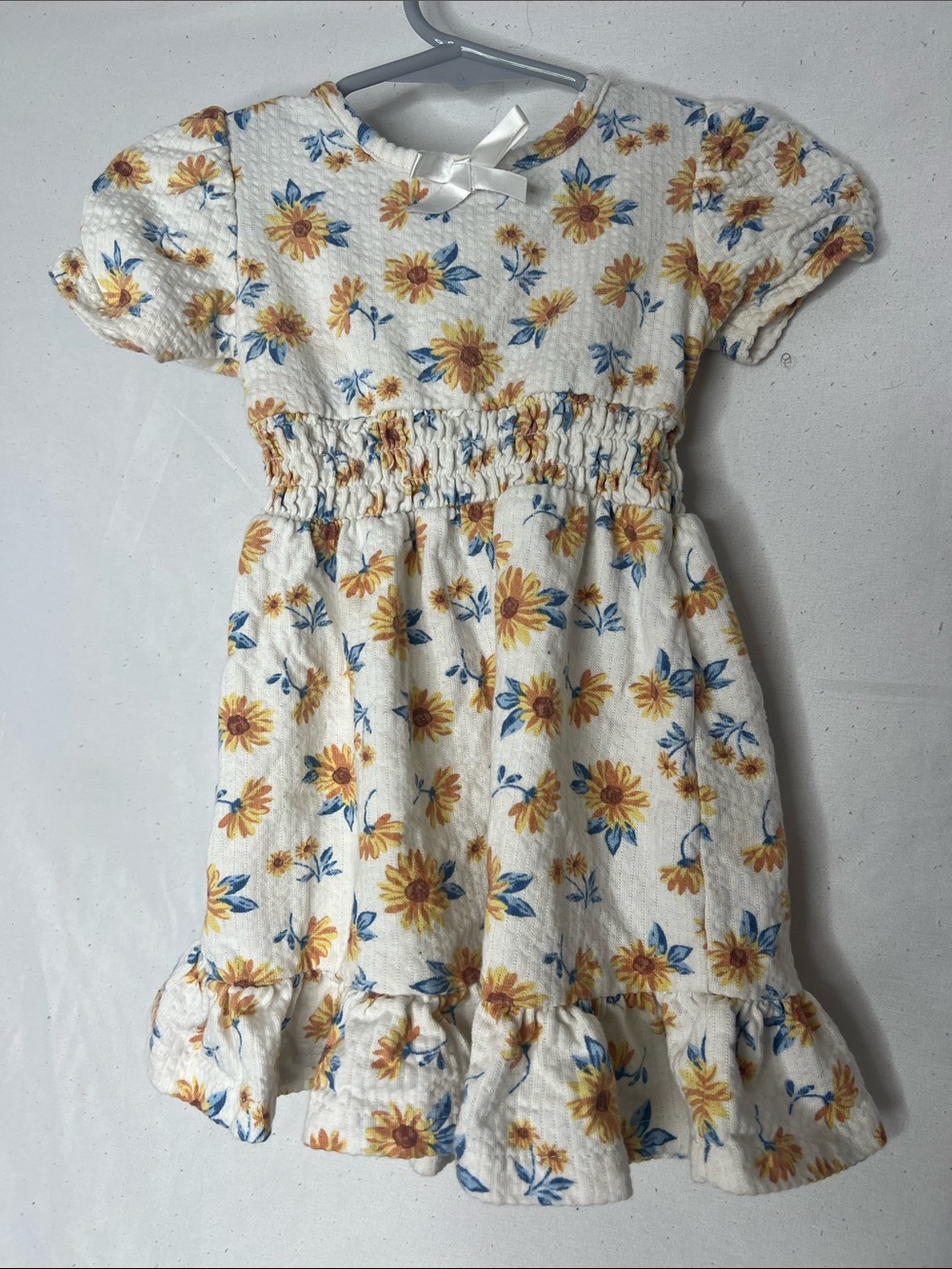 Little Lass White Dress with Yellow Sunflower & Blue Leaf Print